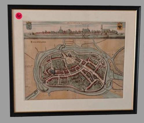 Oudtijds gekleurde plattegrond van de stad Bolsward, Boeken, Atlassen en Landkaarten, Zo goed als nieuw, Landkaart, Nederland