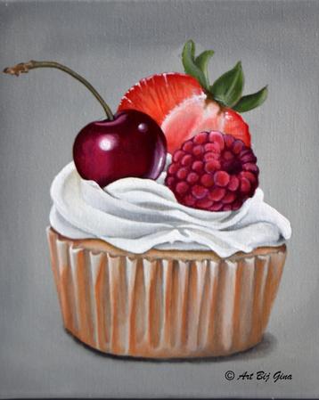 Cupcake Heaven, Cupcake geschilderd op doek, in houten lijst beschikbaar voor biedingen