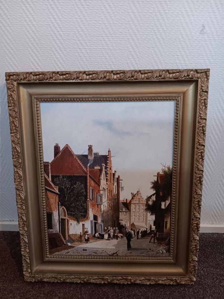 schilderij bedrijvigheid zonovergoten straat zonnig straatje, Antiek en Kunst, Kunst | Schilderijen | Klassiek, Ophalen