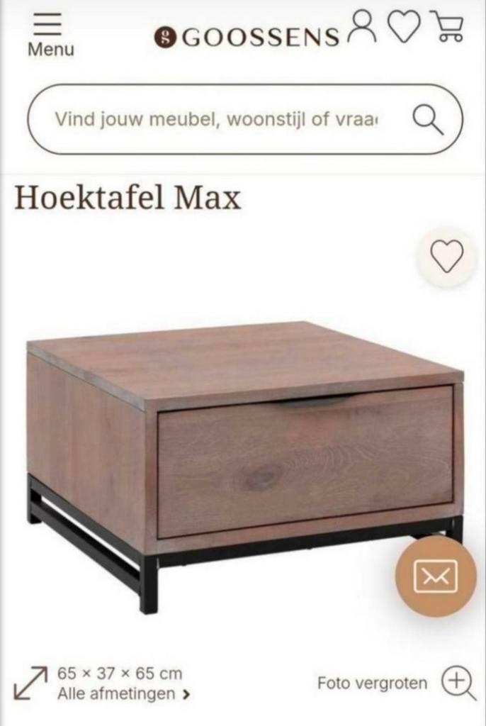 Buitenkansje! Hoektafel, salontafel Goossens– nieuwstaat!, Huis en Inrichting, Tafels | Salontafels, Zo goed als nieuw, Minder dan 50 cm