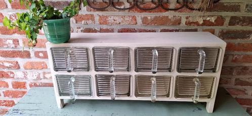 Vintage kruidenkastje met glazen gruttersbakken - Poncet, Antiek en Kunst, Curiosa en Brocante, Ophalen