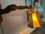 Vintage mid century houten schaarlamp met lederen kap, Ophalen of Verzenden
