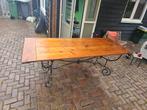 vintage eettafel massief eiken blad gietijzeren onderstel, Huis en Inrichting, Tafels | Eettafels, Ophalen, Gebruikt, 200 cm of meer