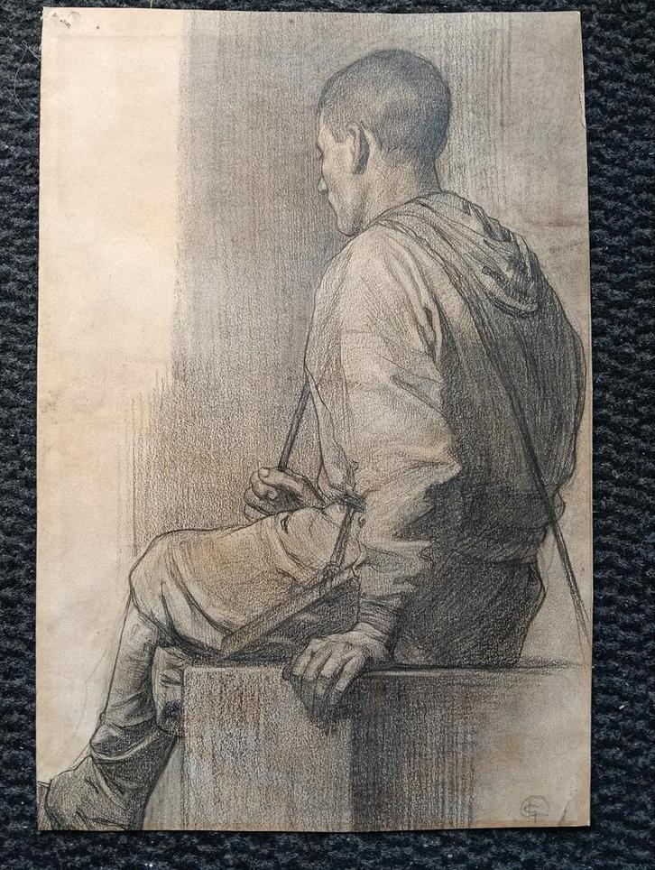 19e Eeuw - Studie - Zittende man met kist - gesigneerd, Antiek en Kunst, Kunst | Schilderijen | Klassiek, Ophalen of Verzenden
