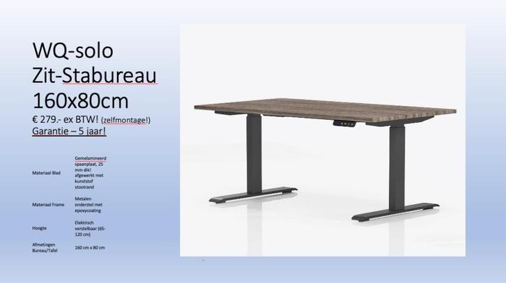 WQ Solo - Professioneel Zit-sta bureau 80 x 160, Huis en Inrichting, Bureaus, Nieuw, Stabureau, Elektrisch, Ophalen