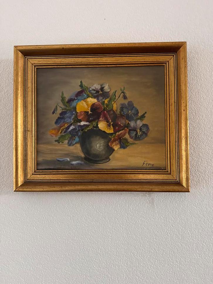 Olieverfschilderij: Vaas met Viooltjes, Antiek en Kunst, Kunst | Schilderijen | Klassiek, Ophalen of Verzenden