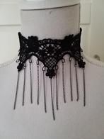 Zwarte kanten choker ketting met lange kettinkjes, Sieraden, Tassen en Uiterlijk, Kettingen, Overige materialen, Verstelbaar, Zwart