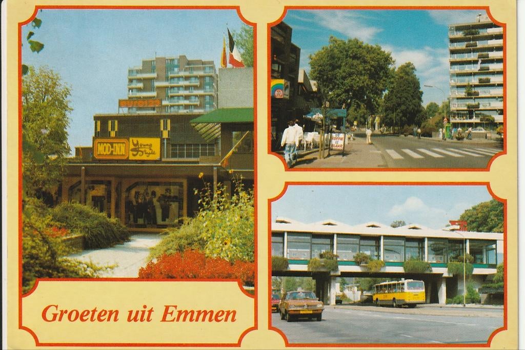 GROETEN UIT EMMEN CENTRUM BUSHALTES DVM LEYLAND DEN OUDSTEN, Ophalen of Verzenden, 1960 tot 1980, Gelopen, Drenthe
