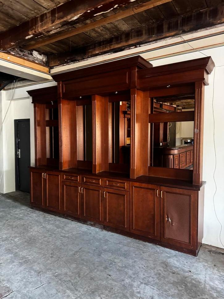 Houten Horeca Kast met Spiegels, Huis en Inrichting, Kasten | Buffetkasten, Gebruikt, 200 cm of meer, 200 cm of meer, 50 tot 75 cm