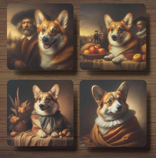 Corgi Rembrandt stijl onderzetters met houder, Huis en Inrichting, Woonaccessoires | Onderzetters, Nieuw, Glas of Kopje, Ophalen of Verzenden