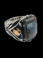 Goud & Zilveren Heren Zegelring Blauwe Saffier steen, Sieraden, Tassen en Uiterlijk, Ringen, 20 of groter, ., Heer, Ophalen of Verzenden