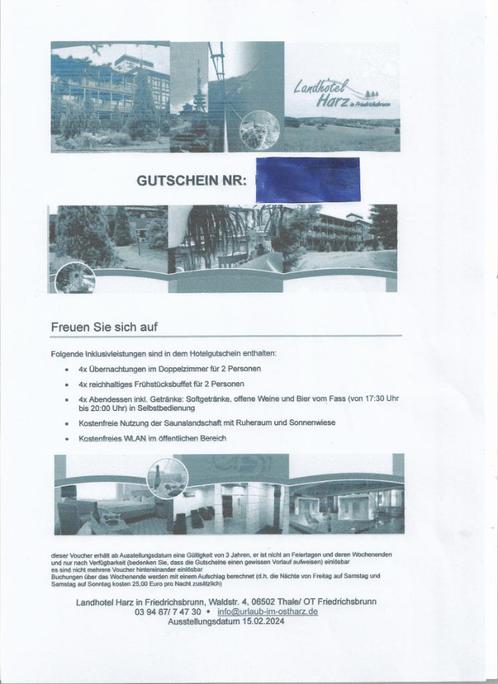 Voucher voor hotel in de Harz, Tickets en Kaartjes, Hotelbonnen, Twee personen, 3 overnachtingen of meer