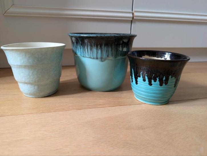Turquoise Vintage Bloempotten - Set van 3 (fat lava), Antiek en Kunst, Antiek | Keramiek en Aardewerk, Ophalen of Verzenden
