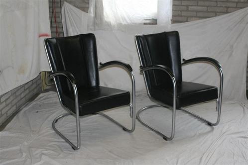 2 Vintage Mat Chroom Zwart Leren Gispen 412 Fauteuils, Huis en Inrichting, Fauteuils, Zo goed als nieuw, Leer, Metaal, 50 tot 75 cm
