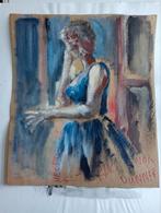 Gouache verf op papier 20e eeuw vrouw met blauwe jurk, Verzenden