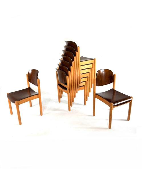 Set van 9 vintage plywood stapelstoelen ‘60, Huis en Inrichting, Stoelen, Zo goed als nieuw, Vijf, Zes of meer stoelen, Hout, Bruin