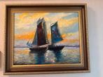Schilderij Ine Veen zeilboten bij zonsondergang, Antiek en Kunst, Ophalen