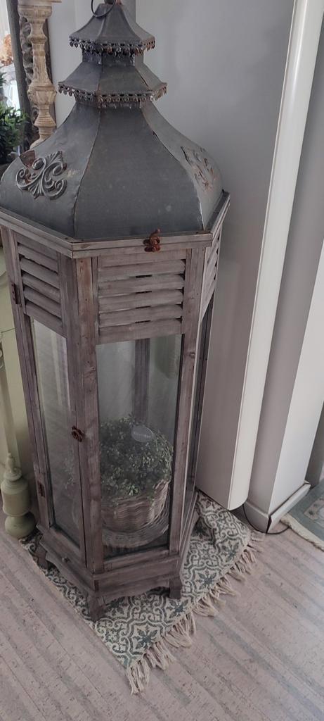 Groot vintage Marrakech houten windlicht lantaarn 50 x 160, Huis en Inrichting, Woonaccessoires | Kandelaars en Kaarsen, Zo goed als nieuw