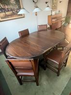 Eethoek massief hout, 6 stoelen, ovaal 1.85-1.20m, Ophalen of Verzenden, Gebruikt, Engels antiek, 4 tot 6 stoelen