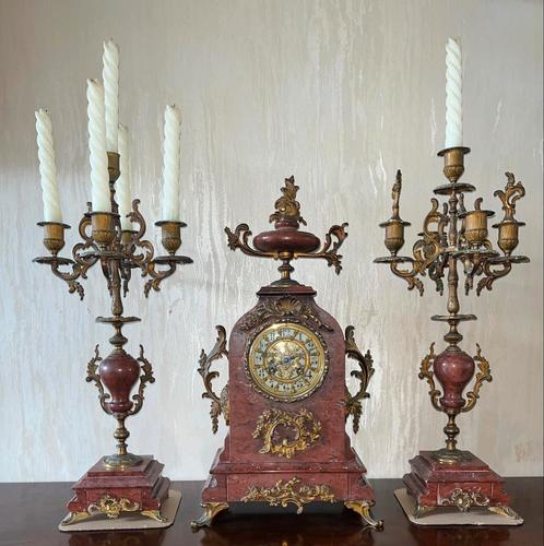Antiek marmeren klokkenstel., Antiek en Kunst, Antiek | Klokken, Ophalen of Verzenden