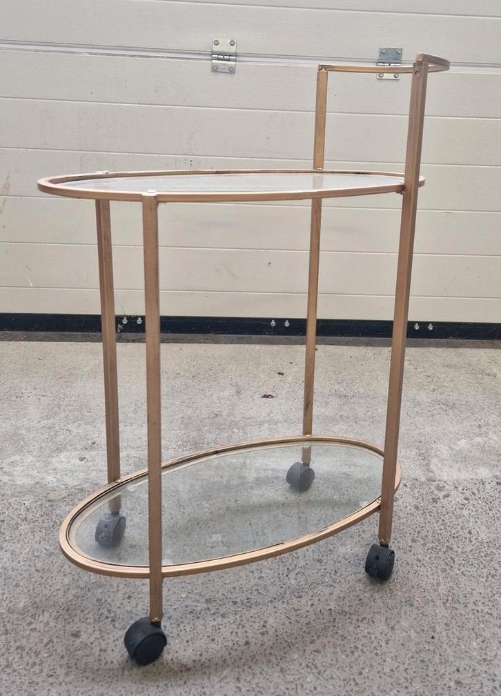 Gouden Serveerwagen met Glazen Bladen, Huis en Inrichting, Tafelonderdelen, Zo goed als nieuw, Tafelblad, 50 tot 100 cm, Minder dan 50 cm