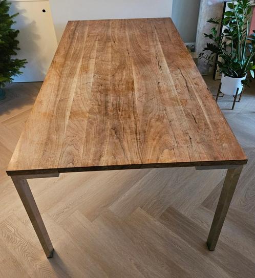 Houten eettafel 200x100cm met zilveren ijzeren poten, Huis en Inrichting, Tafels | Eettafels, Gebruikt, 100 tot 150 cm, 200 cm of meer