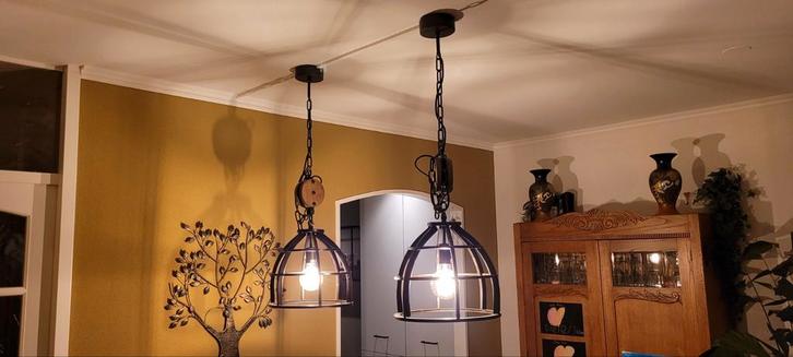 Hanglamp & Tafellamp Set - Industrieel Design, Huis en Inrichting, Lampen | Hanglampen, Gebruikt, Minder dan 50 cm, Hout, Metaal