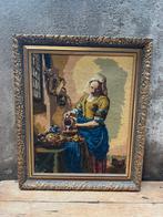 Groot geborduurd schilderij goud melkmeisje, Antiek en Kunst, Ophalen of Verzenden