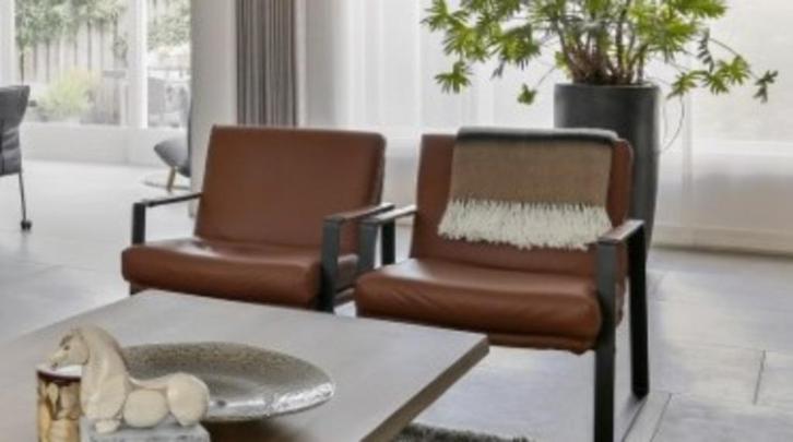 2 leren fauteuils- Cognac met zwarte staal- Montel, Huis en Inrichting, Fauteuils, Zo goed als nieuw, Leer, Ophalen