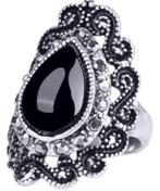 Vintage dames verzilverd zwarte waterdruppel ring, Sieraden, Tassen en Uiterlijk, Ringen, Nieuw, 18 tot 19, Overige materialen