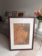 Groot schilderij / houtskool tekening in lijst naakte vrouw, Ophalen of Verzenden, Zo goed als nieuw, Hout, 75 cm of meer