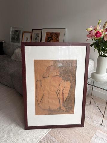 Groot schilderij / houtskool tekening in lijst naakte vrouw beschikbaar voor biedingen