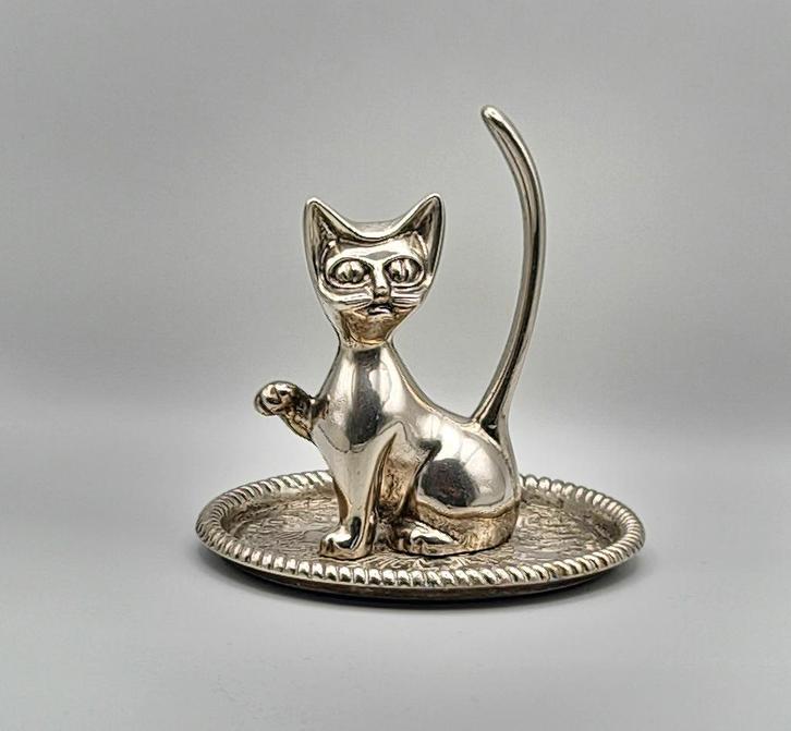 Vintage Verzilverde Ringhouder Kat, Antiek en Kunst, Curiosa en Brocante, Ophalen of Verzenden