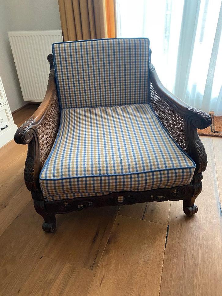 Te koop: Koloniale fauteuil in Empire stijl., Huis en Inrichting, Fauteuils, Gebruikt, Hout, Stof, 50 tot 75 cm, 75 tot 100 cm