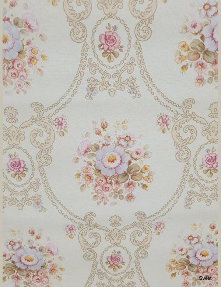 13971 Barok behang pastel bloemen romantisch crème vintage s, Huis en Inrichting, Stoffering | Behang, Blauw, Beige, minder dan 10 m²