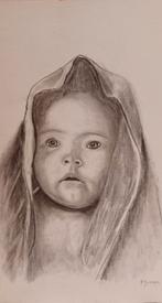 Echte tekening van baby met doek om het hoofd., Antiek en Kunst, Ophalen