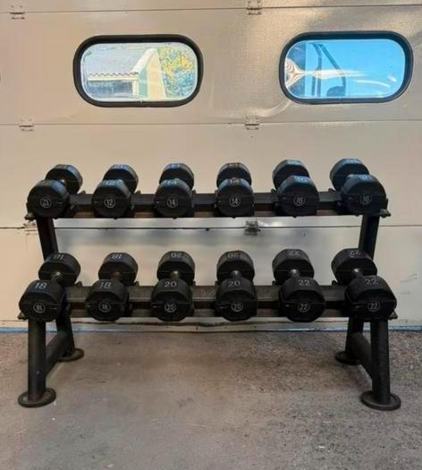 Lifemaxx PU Dumbbell Set met Rek - 12 t/m 22 kg, Sport en Fitness, Fitnessmaterialen, Gebruikt, Dumbbell, Armen, Ophalen