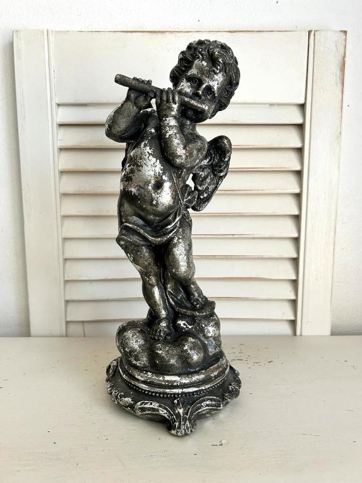 Beeld Engel met fluit oud zilverkleur 30 cm, Antiek en Kunst, Curiosa en Brocante, Ophalen