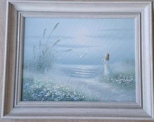 Olieverfschilderij - Meisje aan de Kust, Antiek en Kunst, Kunst | Schilderijen | Klassiek, Ophalen of Verzenden
