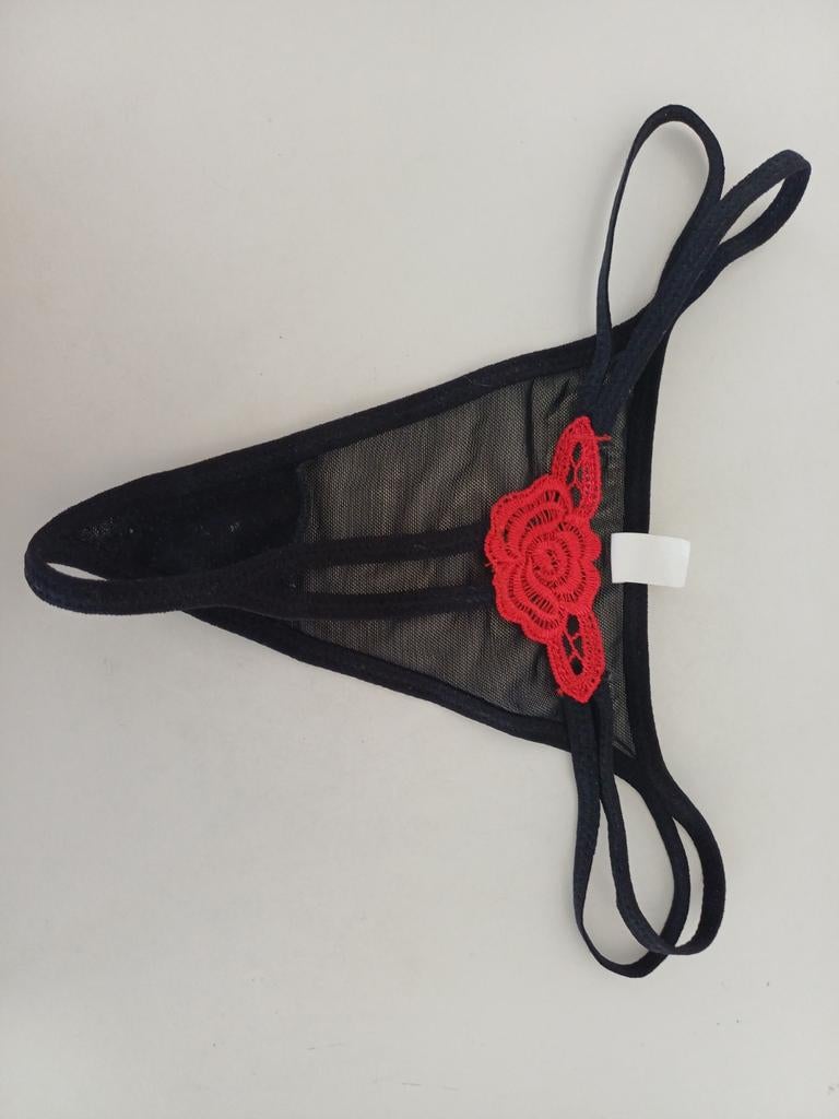 Zwarte string met rood bloemdetail, Kleding | Dames, Ondergoed en Lingerie, String, Zwart, Ophalen of Verzenden