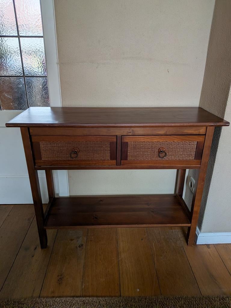 Houten sidetable of consoletafel met twee lades, Huis en Inrichting, Tafels | Sidetables, Ophalen, 25 tot 50 cm, Rechthoekig, 100 tot 150 cm