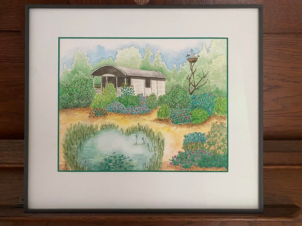 Groene Oase in Aquarel • Museumglas, Ophalen, Minder dan 50 cm, Schilderij