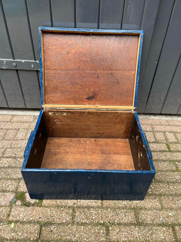 Vintage blauwe houten kist - Opbergkist, Gebruikt, 50 tot 100 cm, Ophalen of Verzenden, Minder dan 50 cm
