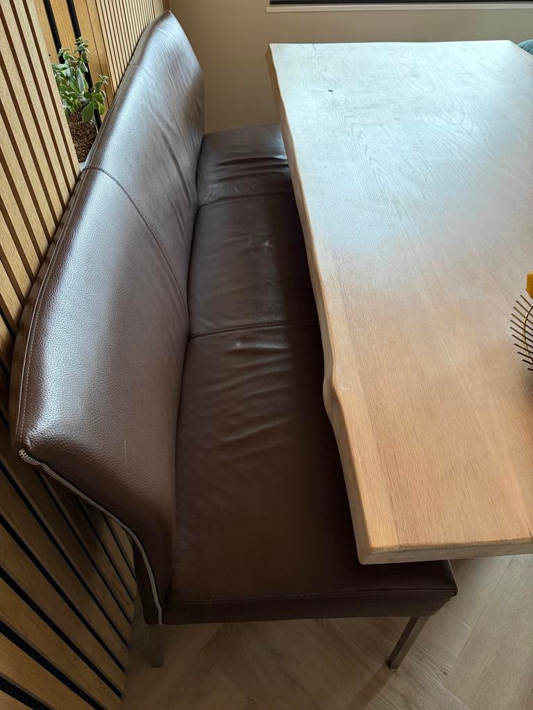 Donkerbruine leren eetkamerbank, Huis en Inrichting, Ophalen, Gebruikt, Driepersoons, 200 tot 250 cm