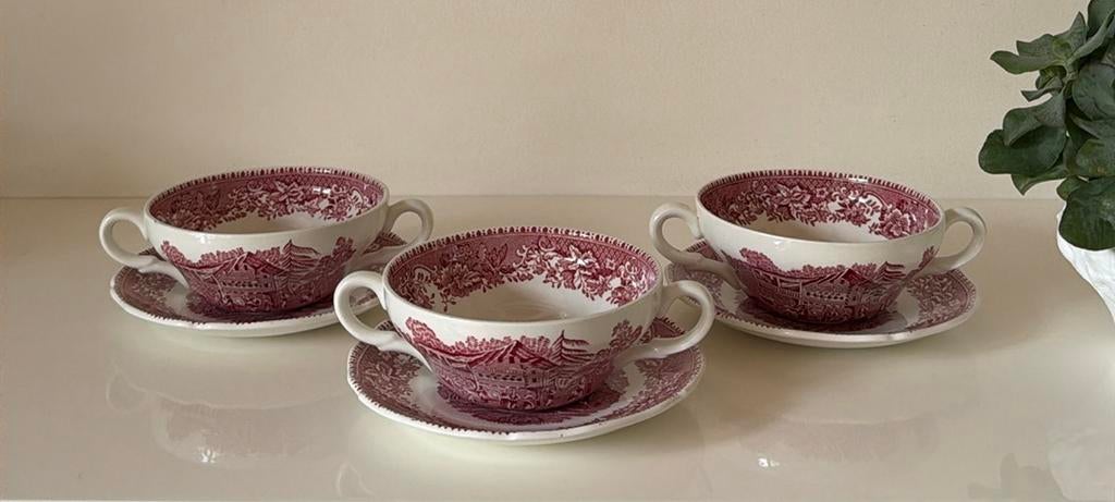 3 Wedgwood Avon Cottage soepkommen met schotels, Ophalen of Verzenden, Zo goed als nieuw, Wedgwood, Kop(pen) en/of Schotel(s)