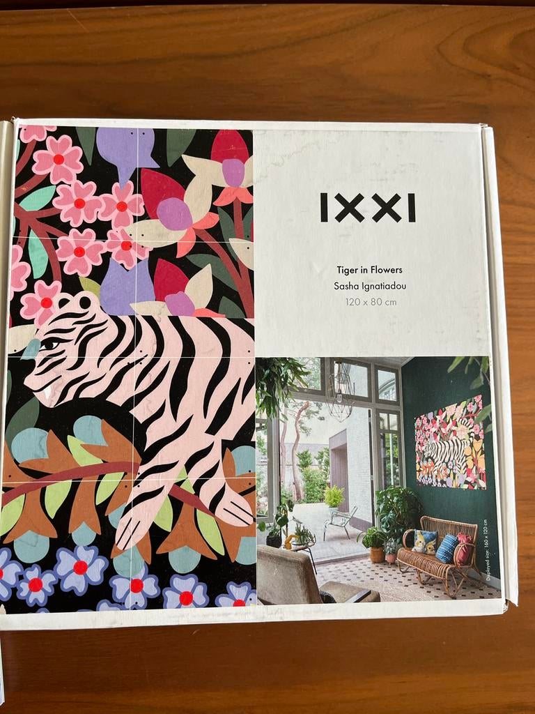 IXXI Kleurrijke tijger met bloemen 120 x 80 cm, Ophalen, Meerkleurig, Nieuw, Wandbord of Wandpaneel