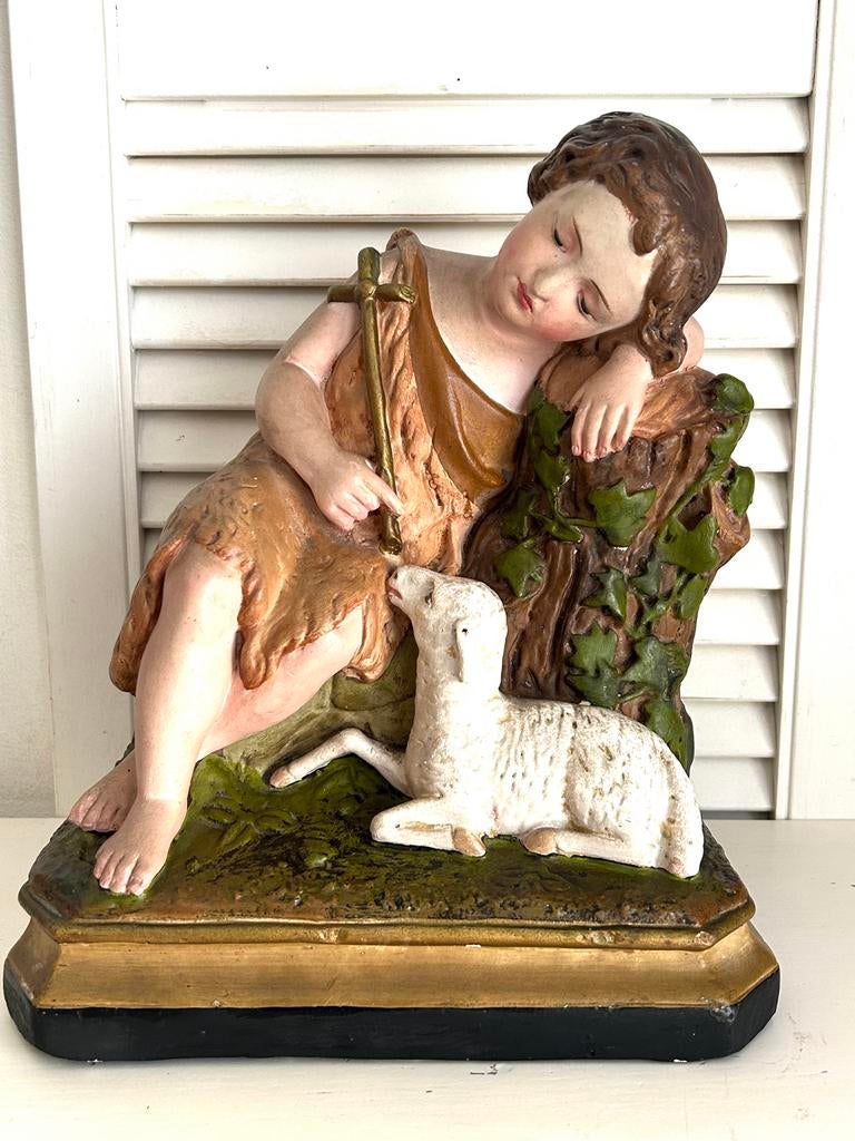 Antiek Heiligen beeld Sint Janneke Johannes met lam, Antiek en Kunst, Ophalen