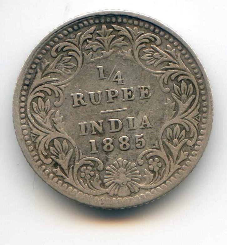 India Brits 1/4 Rupee 1885 Calcutta Oplage Ca. 1 Miljoen, Postzegels en Munten, Munten | Azië, Zuid-Azië, Zilver, Verzenden