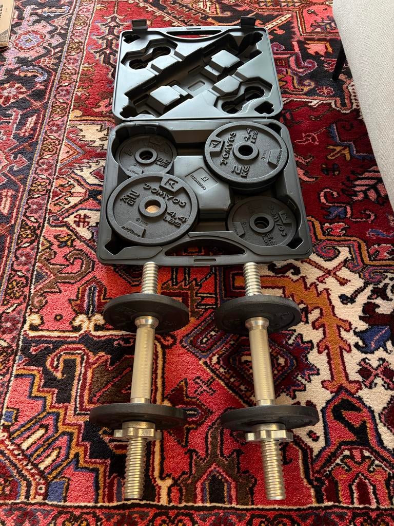 Dumbbellset met gewichten en koffer, Ophalen, Gebruikt, Benen, Dumbbell