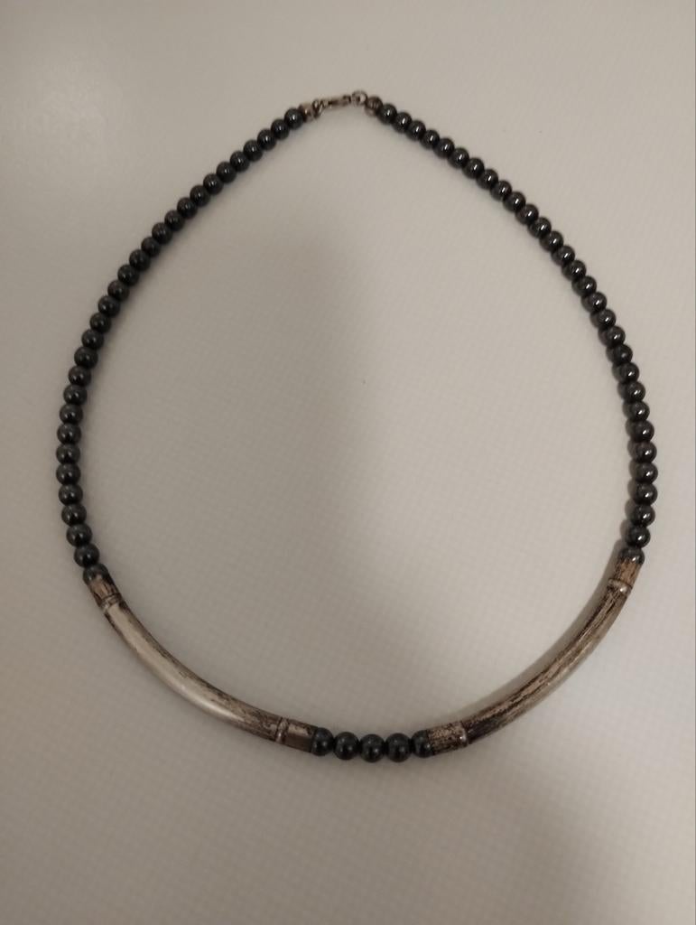 Hematiet beads met zilver choker ketting, Ophalen of Verzenden, Zo goed als nieuw, Zilver, Zilver